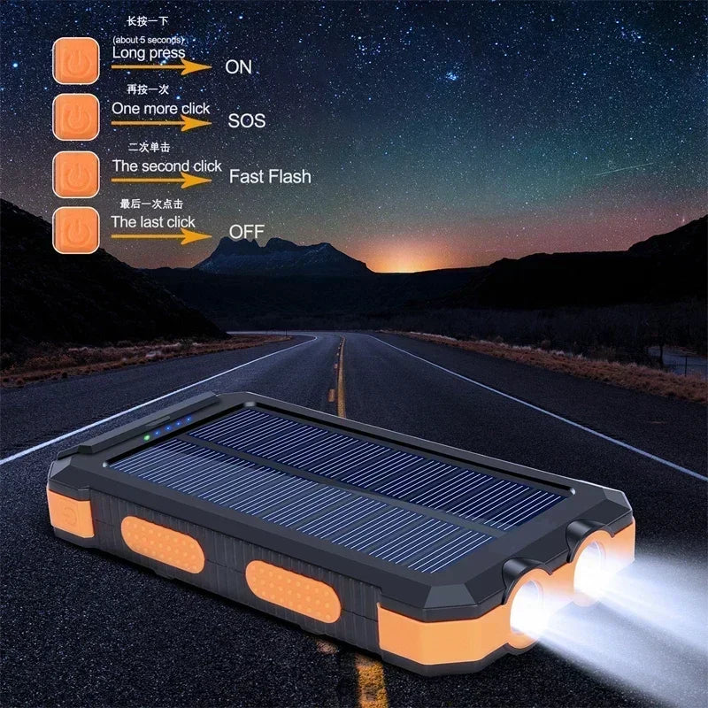 200000mAh Outdoor Waterproof Power Bank with Solar Panel and Flashlight