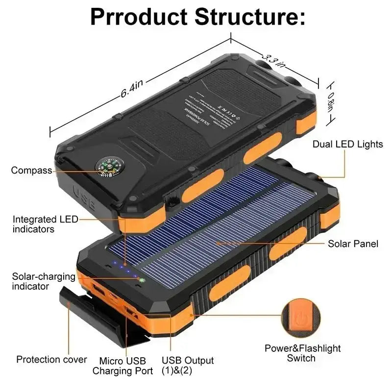 200000mAh Outdoor Waterproof Power Bank with Solar Panel and Flashlight - 电池